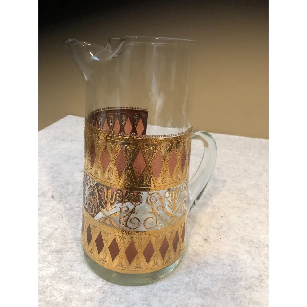 Vintage West Virginia Glass Co Rainier Pitcher 22K Gold Cranberry Diamond MCM